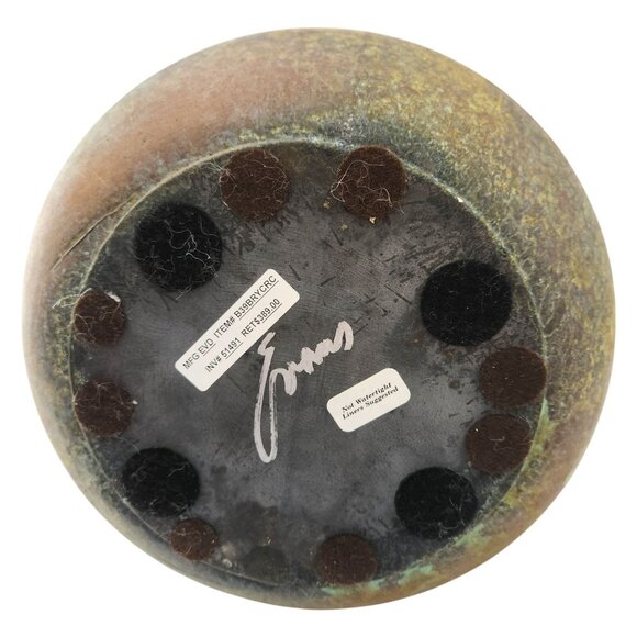 Vtg. Tony Evans Large Raku Vase Brass Handles Signed Spotted Glaze Metal Collar - Picture 9 of 10